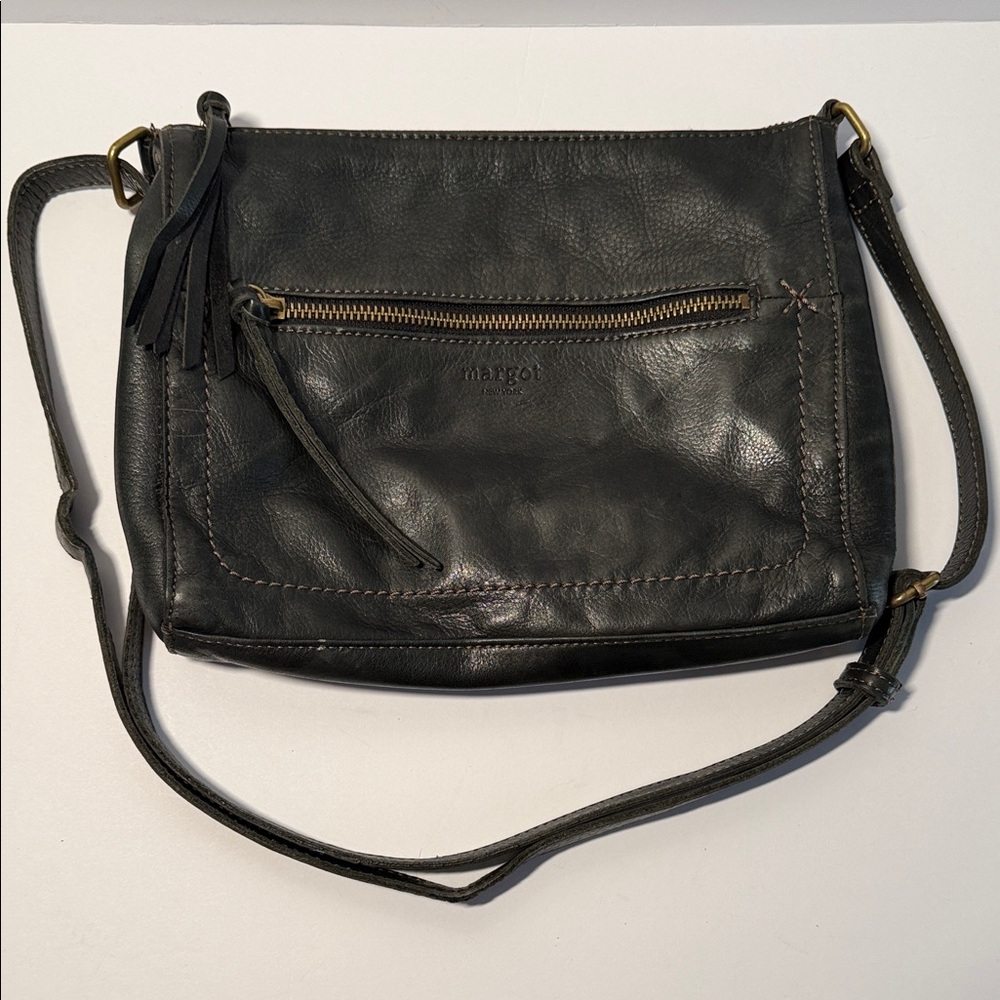 Margot New York Dark Leather Crossbody Bag with Brass Accents